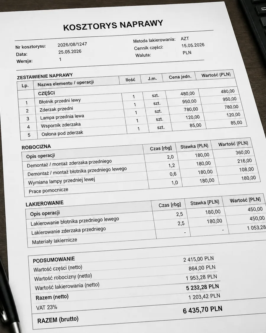 Przykładowy kosztorys naprawy pojazdu z częściami, robocizną i lakierowaniem